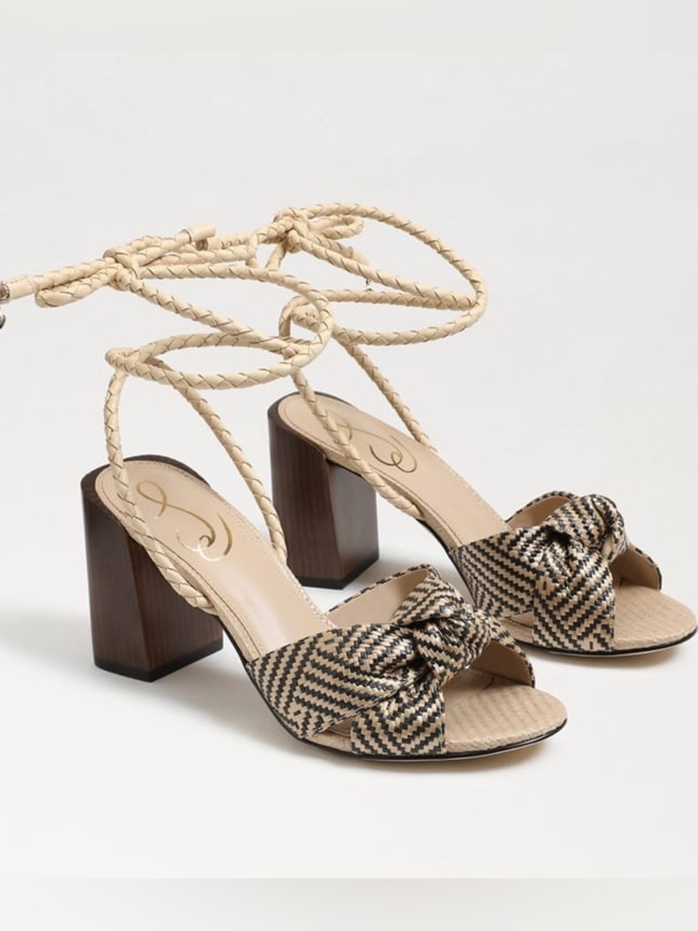 Sam Edelman Bodhi Braided Ankle-Tie Block Heel Sandals in Beige/Black